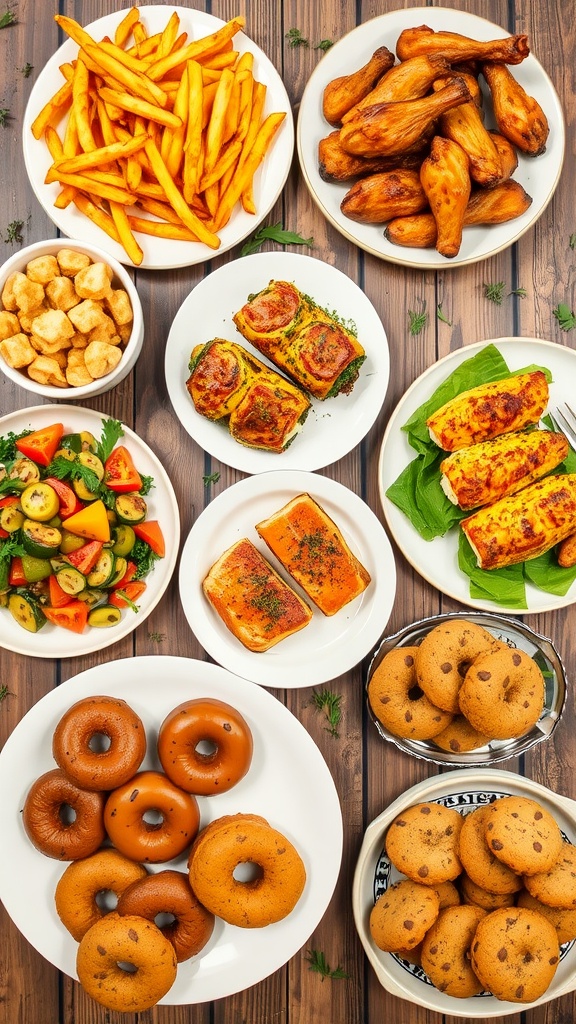 A variety of air fryer recipes including French fries, chicken wings, roasted vegetables, salmon, stuffed peppers, donuts, and cookies.